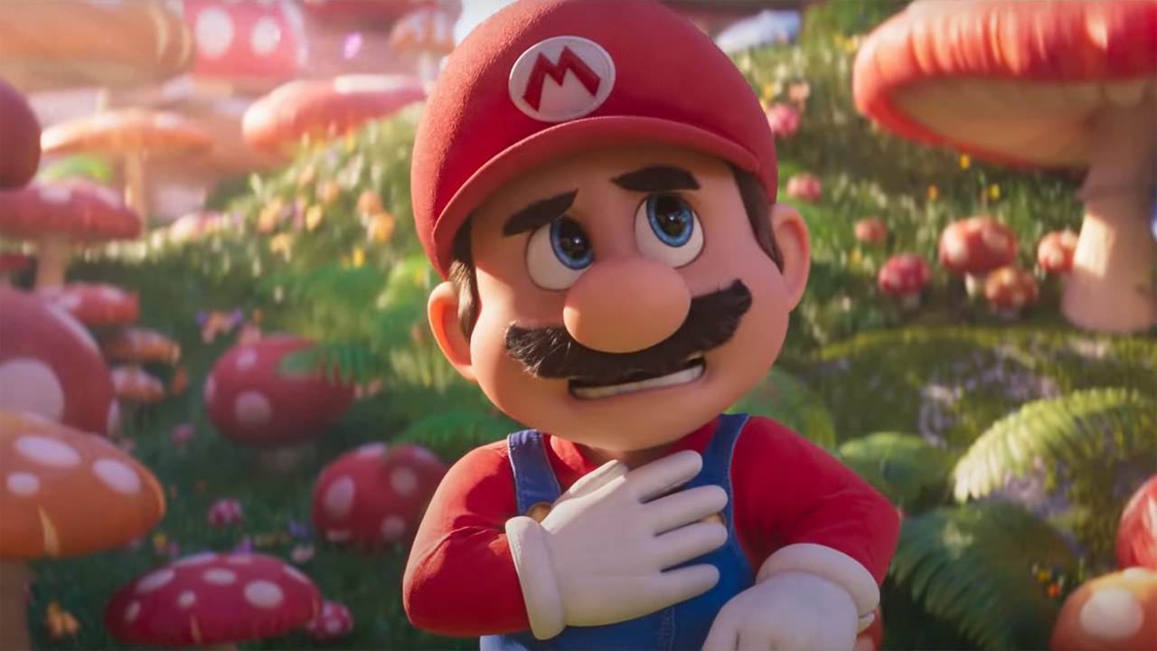 An awe-struck Mario looks around the Mushroom Kingdom in The Super Mario Bros. Movie