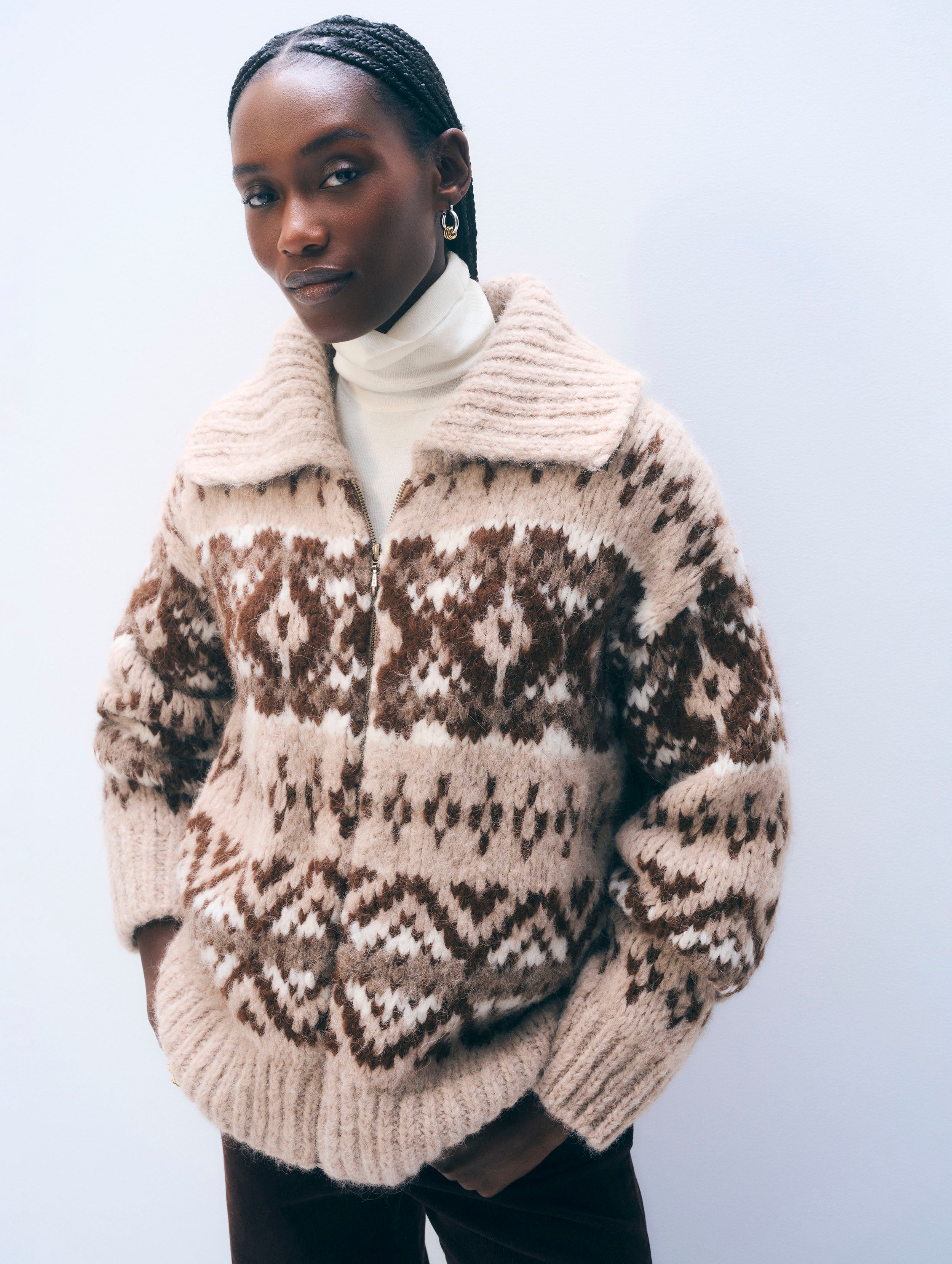 Alpaca Blend Fair Isle Bomber | Brown Combo