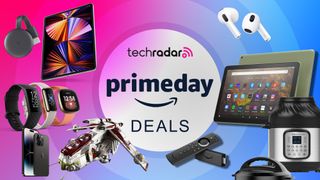 A selection of devices on a blue-pink background around text reading 'TechRadar Prime Day deals'