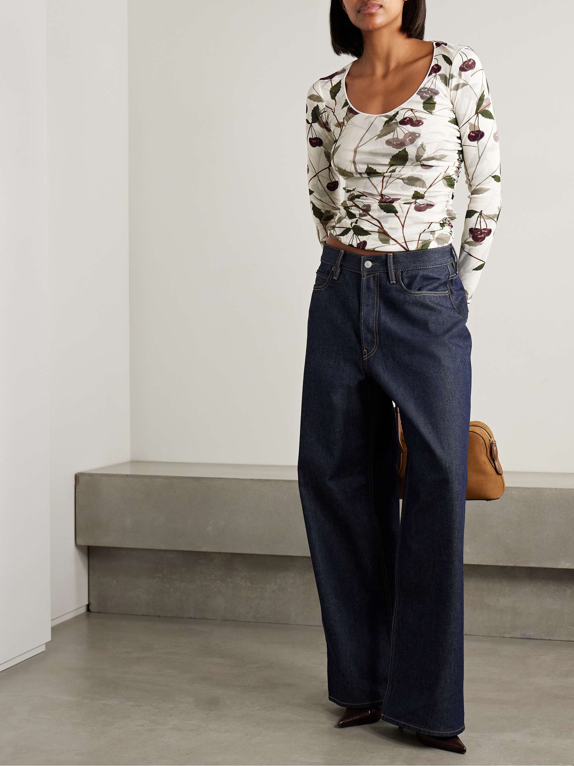 Ruched Printed Stretch-Mesh Top
