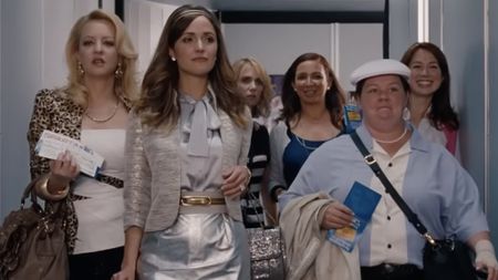 Rita, Helen, Annie, Lillian, Megan, and Becca heading on the plane to Vegas in Bridesmaids.