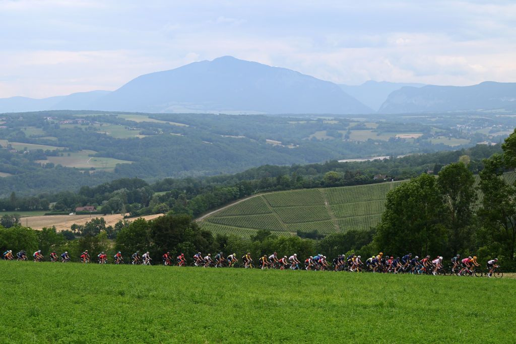 CRESTVOLAND FRANCE JUNE 09 A general view of the peloton climbing to the Cte de ClermontenGenevois 639m during the 75th Criterium du Dauphine 2023 Stage 6 a 1702km stage from Nantua to CrestVoland 1218m UCIWT on June 09 2023 in CrestVoland France Photo by Dario BelingheriGetty Images