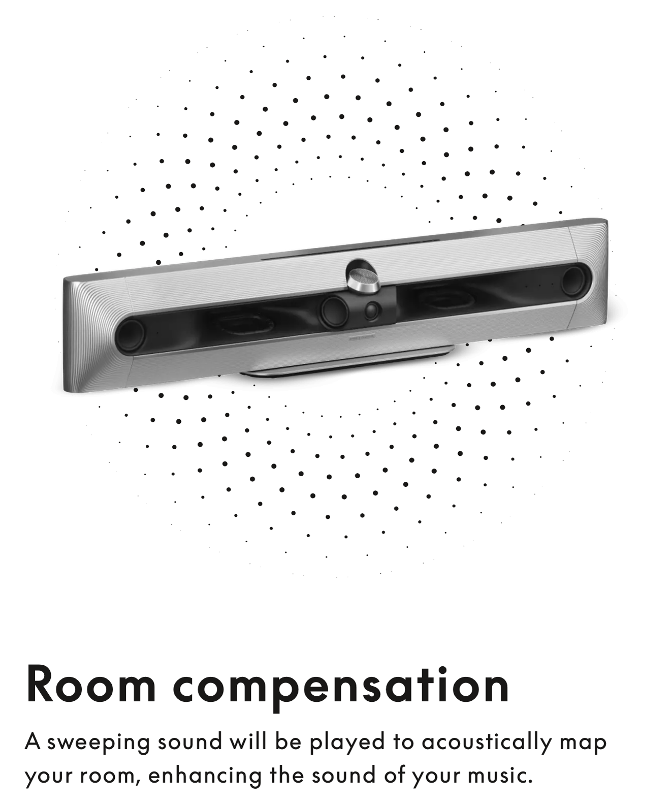 App screenshot explaining room compensation with a graphic of the soundbar and sound waves mapping a room