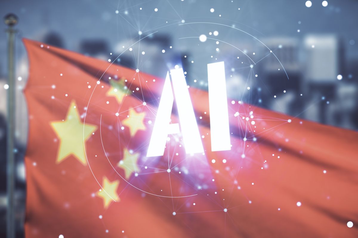 Abstract virtual artificial Intelligence symbol hologram on flag of China and blurry cityscape background. Multiexposure