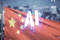 Abstract virtual artificial Intelligence symbol hologram on flag of China and blurry cityscape background. Multiexposure