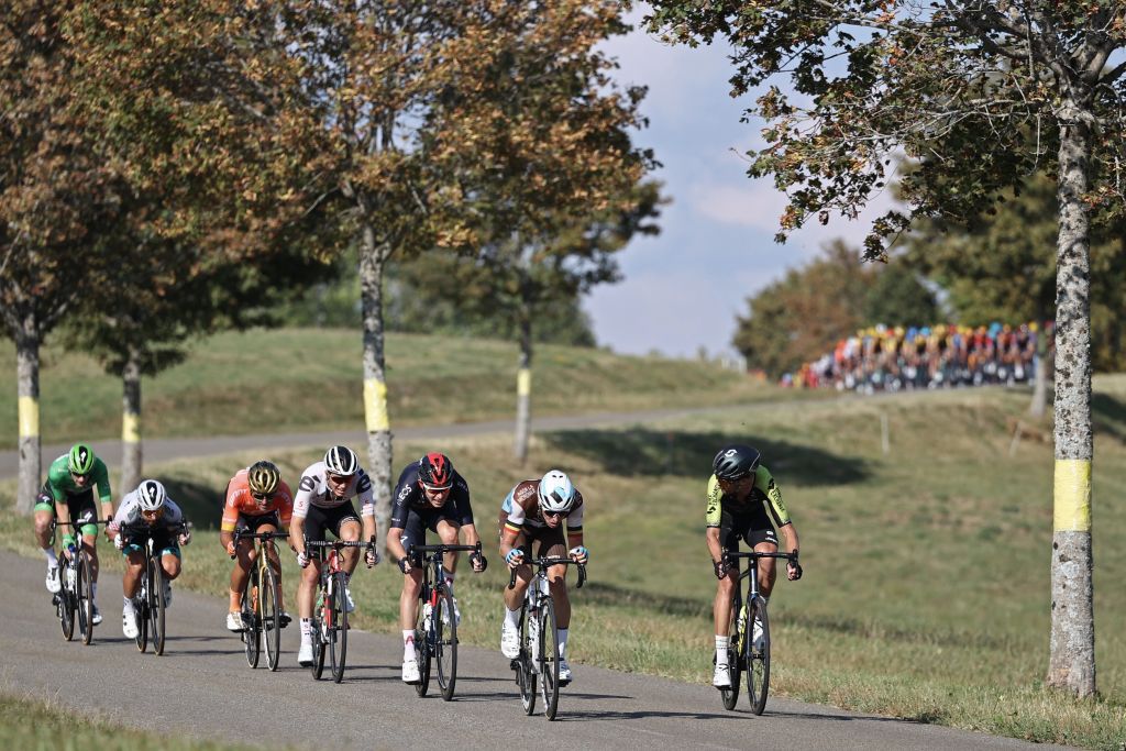 Escapees ride ahead during the 19th stage of the 107th edition of the Tour de France cycling race 160 km between BourgenBresse and Champagnole on September 18 2020 Photo by KENZO TRIBOUILLARD AFP Photo by KENZO TRIBOUILLARDAFP via Getty Images
