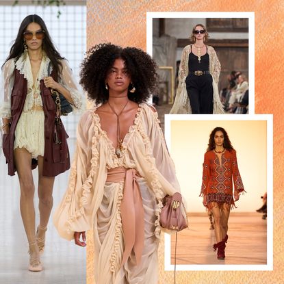 collage of boho styles from spring 2025 runways 