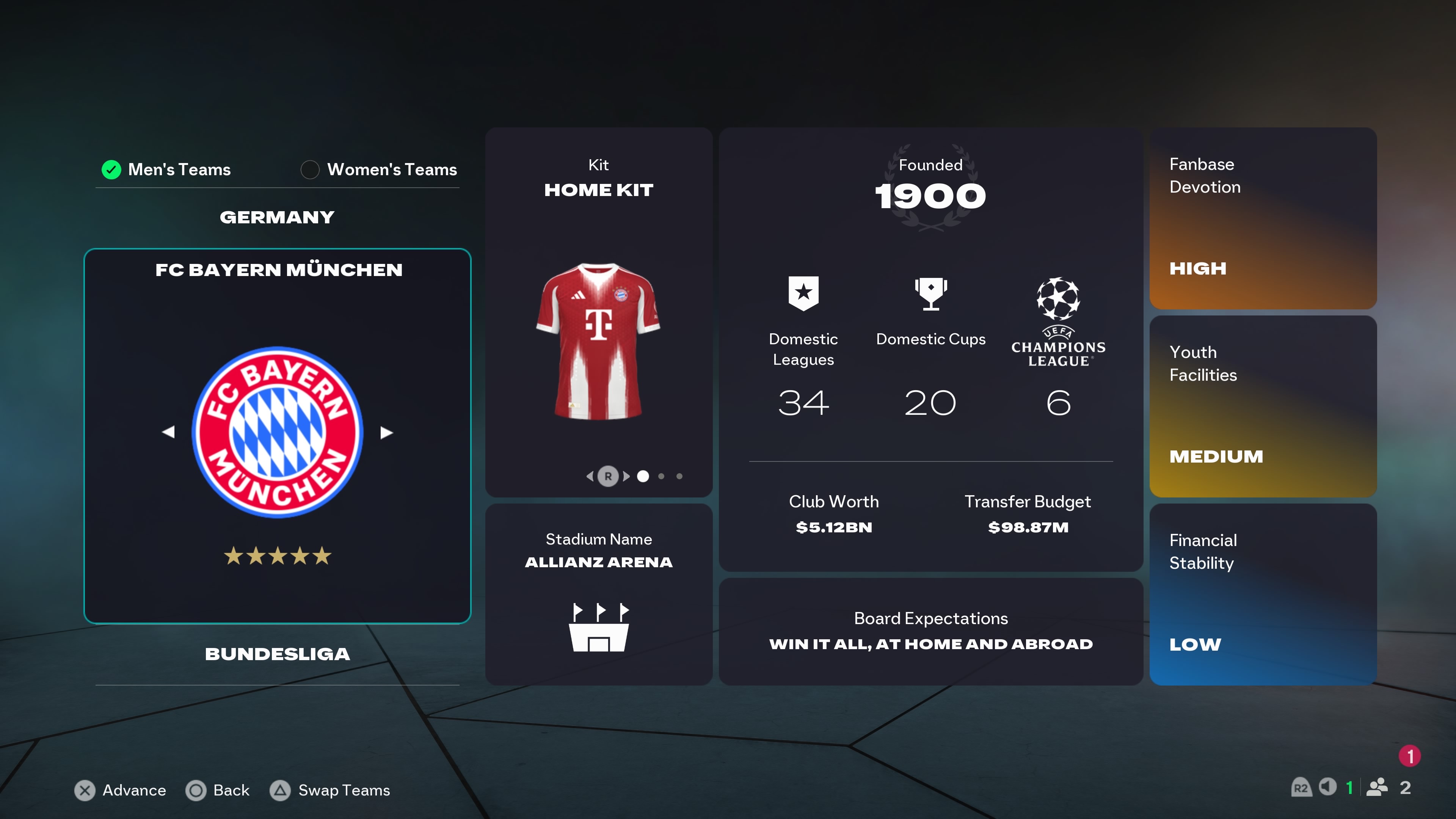 FC 26 manager mode intro screen for FC Bayern Munich