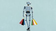 Concept image symbolizing AI in the retail industry with humanoid robot holding shopping bags.