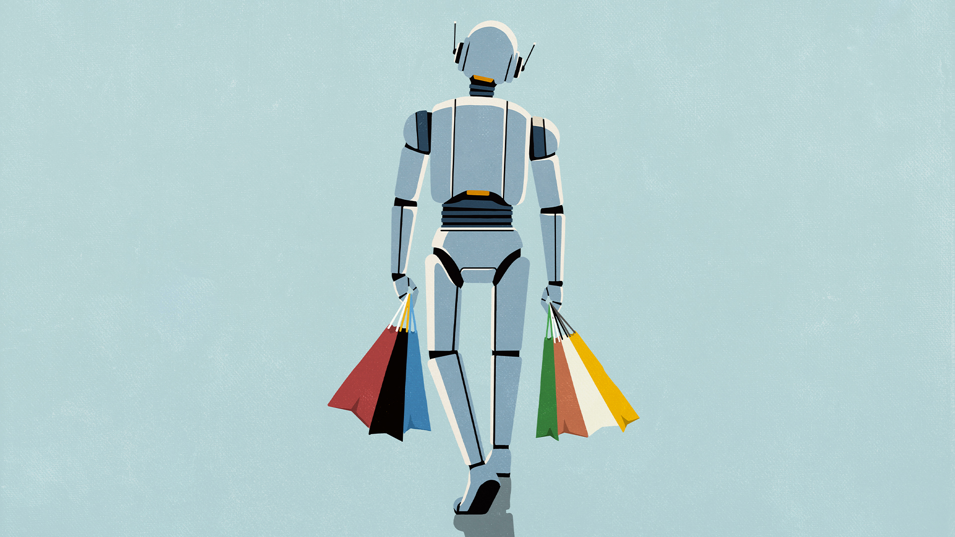 Concept image symbolizing AI in the retail industry with humanoid robot holding shopping bags.
