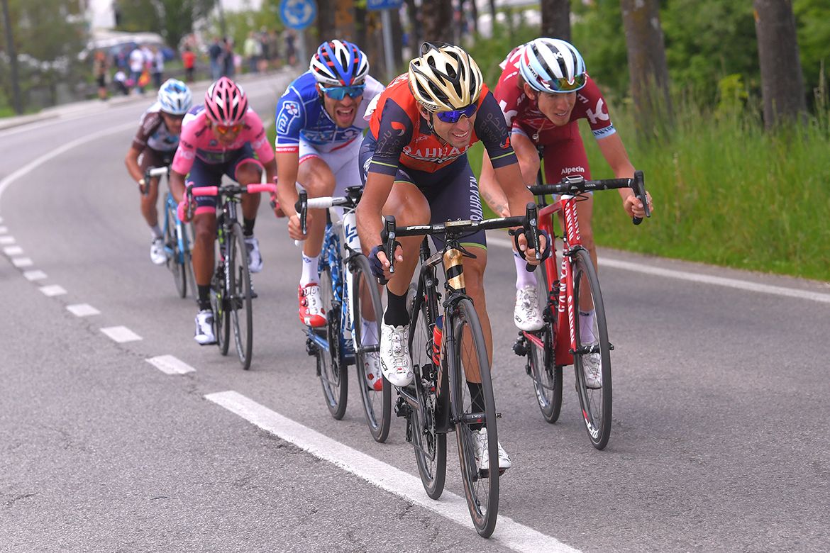 Vincenzo Nibali leading Thibaut Pinot, Ilnur Zakarin, Nairo Quintana and Domenico Pozzovivo on stage 20 of the Giro d'Italia