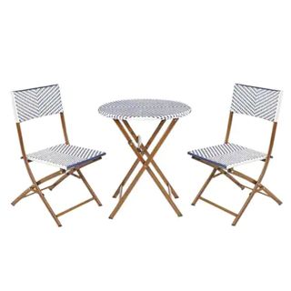 Blue and white striped french bistro set with two chairs and a table