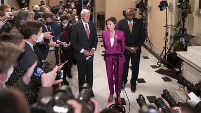 House Speaker Nancy Pelosi, House Majority Leader Steny Hoyer, and House Majority Whip Jim Clyburn.