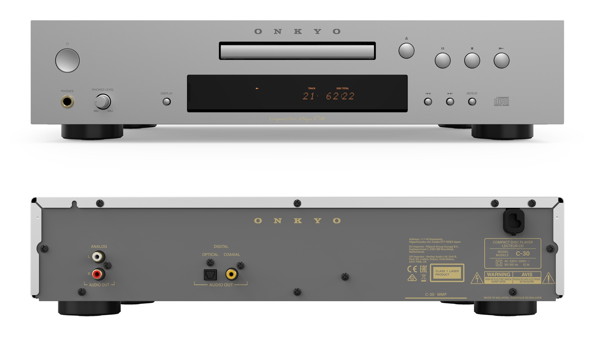 Front and rear views of the Onkyo Icon C-30 CD player on a white background