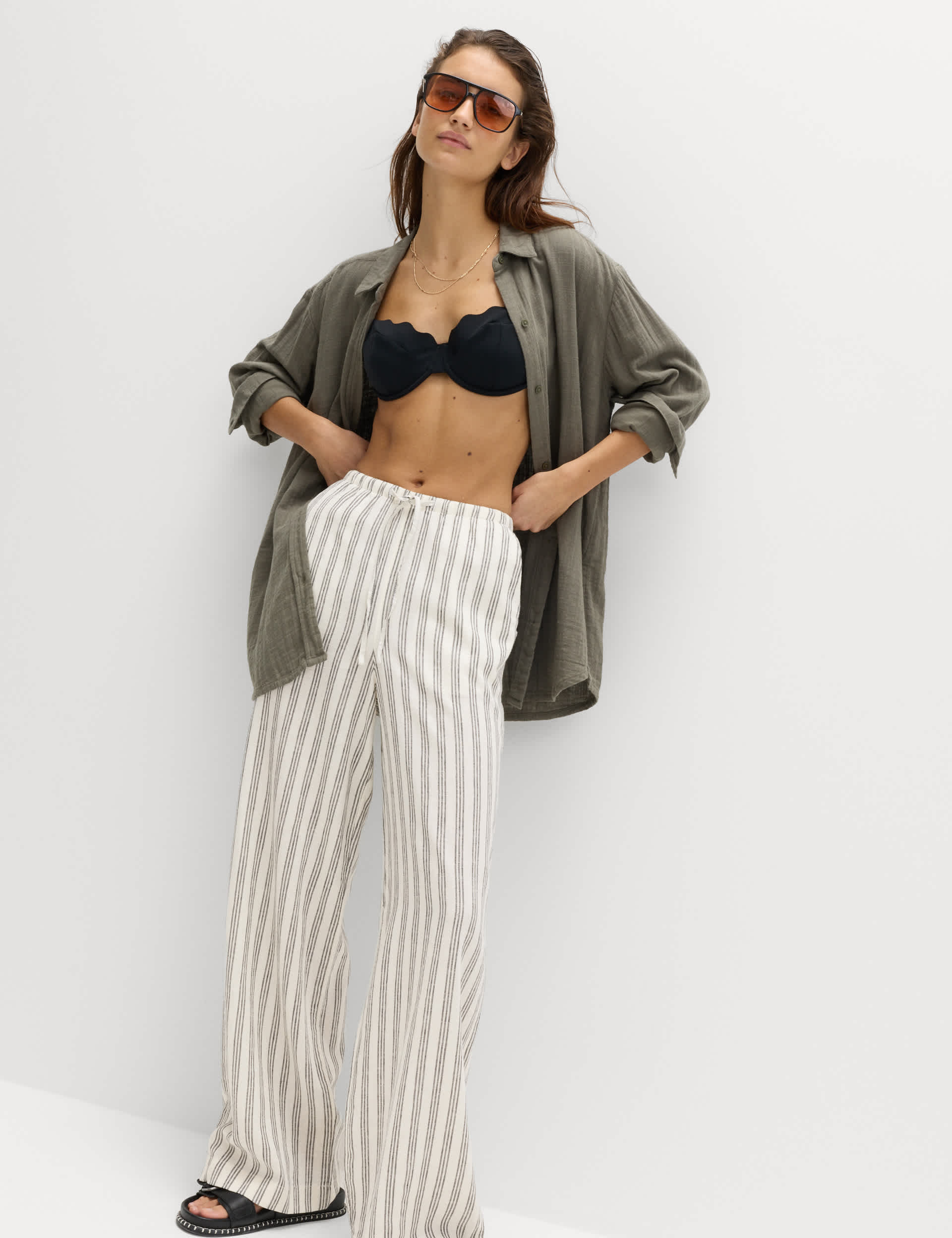 Linen Rich Drawstring Wide Leg Trousers