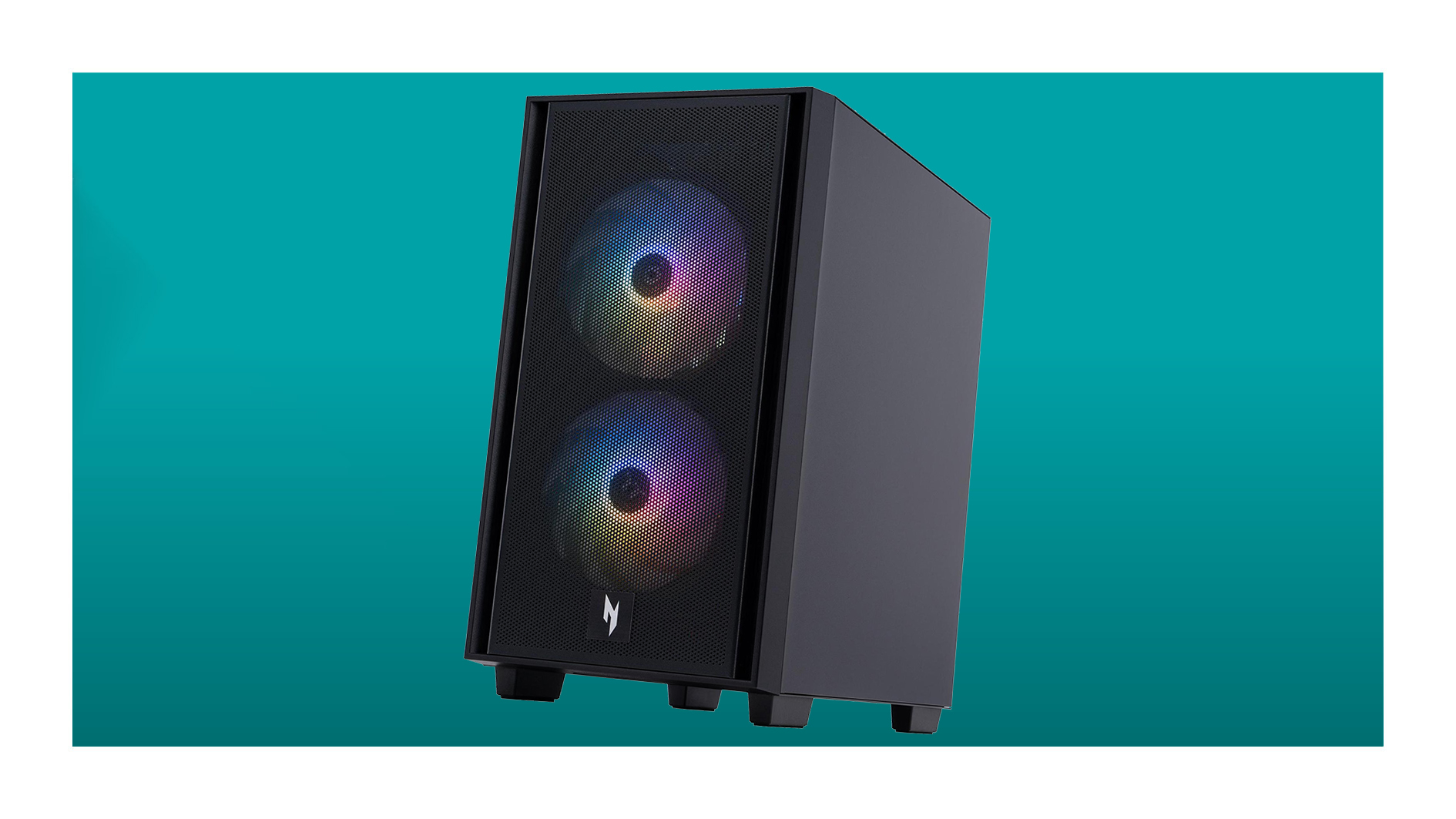 The Acer Nitro 60 desktop gaming PC floating over a turquoise background.