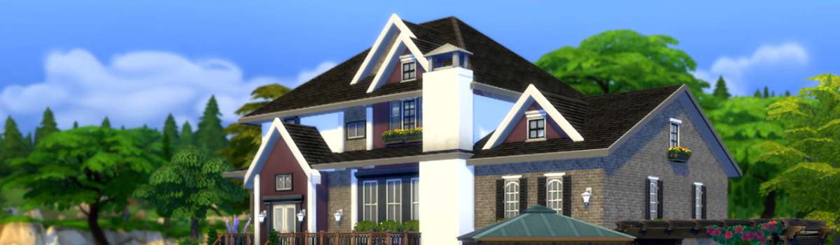 A mansion created in the Sims 4 Buy/Build mode. It's two stories tall and has shades of brown and red stone with a white chimney.