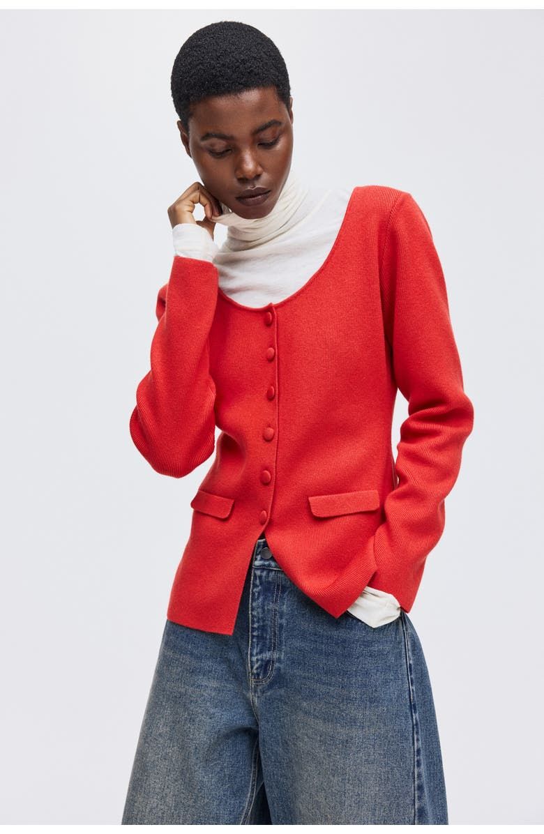 Scoop-Neck Rib-Knit Cardigan