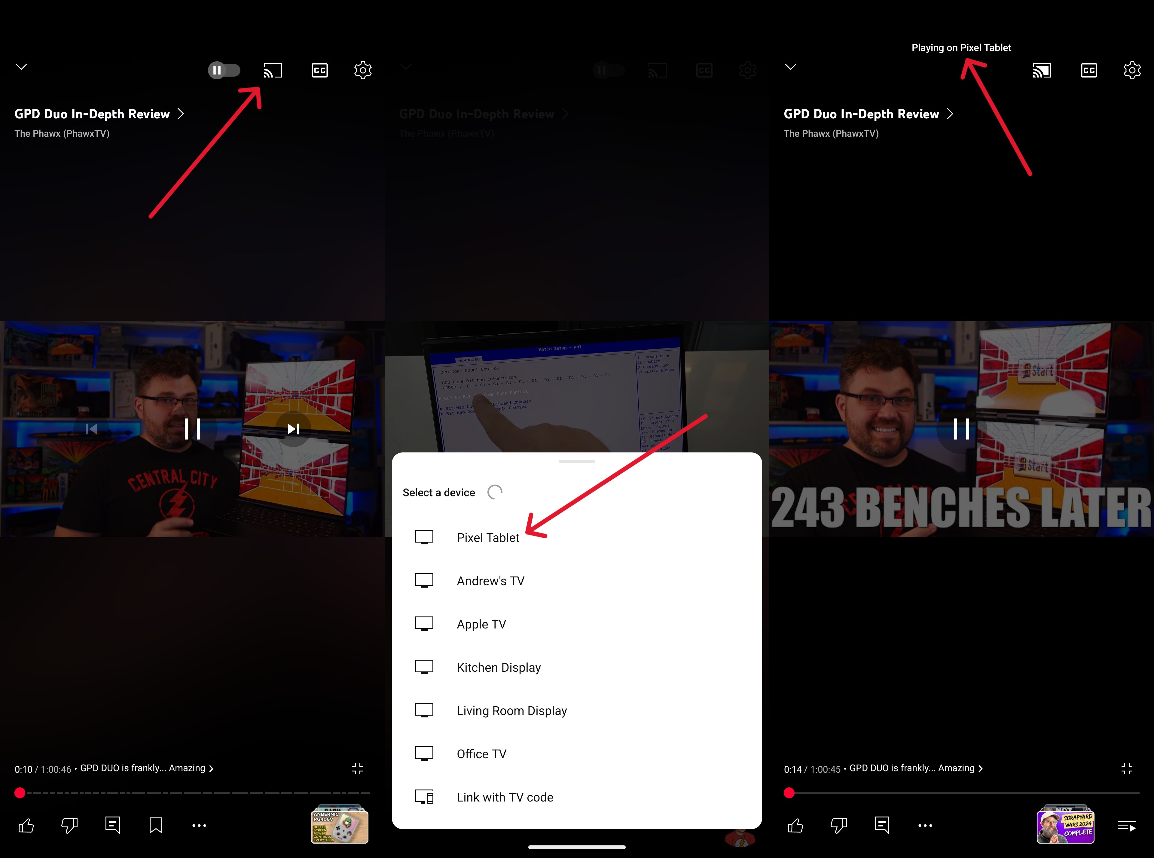 Steps to cast from YouTube on Pixel phone to Pixel Tablet