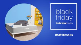 'Black Friday mattress deals' text with a circular crop showing a nectar mattress in a colorful bedroom with pillows and a sheet on top