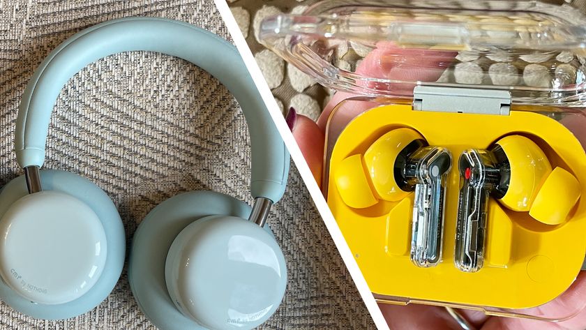 CMF Headphone Pro in light green on the left, Nothing Ear a in yellow on the right