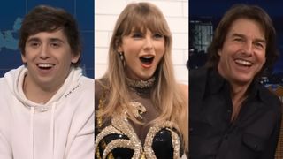 From L to R: Marcello Hern&aacute;ndez on Weekend Update on Saturday Night Live, Taylor Swift in the gold reputation bodysuit for The Eras Tour in End of an Era, Tom Cruise on The Tonight Show.