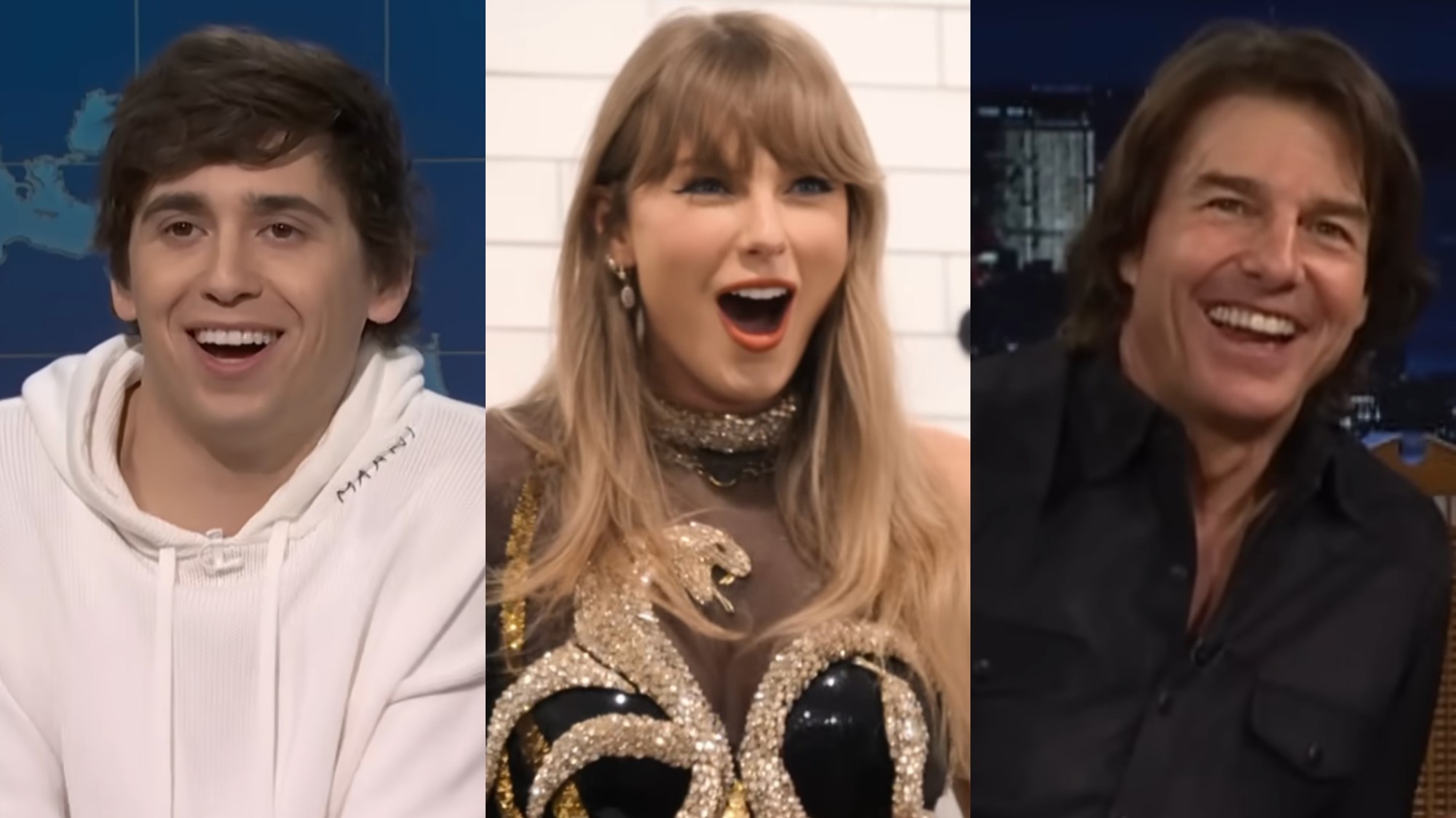 From L to R: Marcello Hern&aacute;ndez on Weekend Update on Saturday Night Live, Taylor Swift in the gold reputation bodysuit for The Eras Tour in End of an Era, Tom Cruise on The Tonight Show.