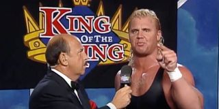 Curt Hennig point his finger at the camera during an interview with Mean Gene.