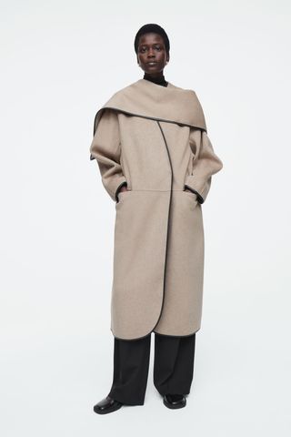 Leather-Trimmed Wool Scarf Coat