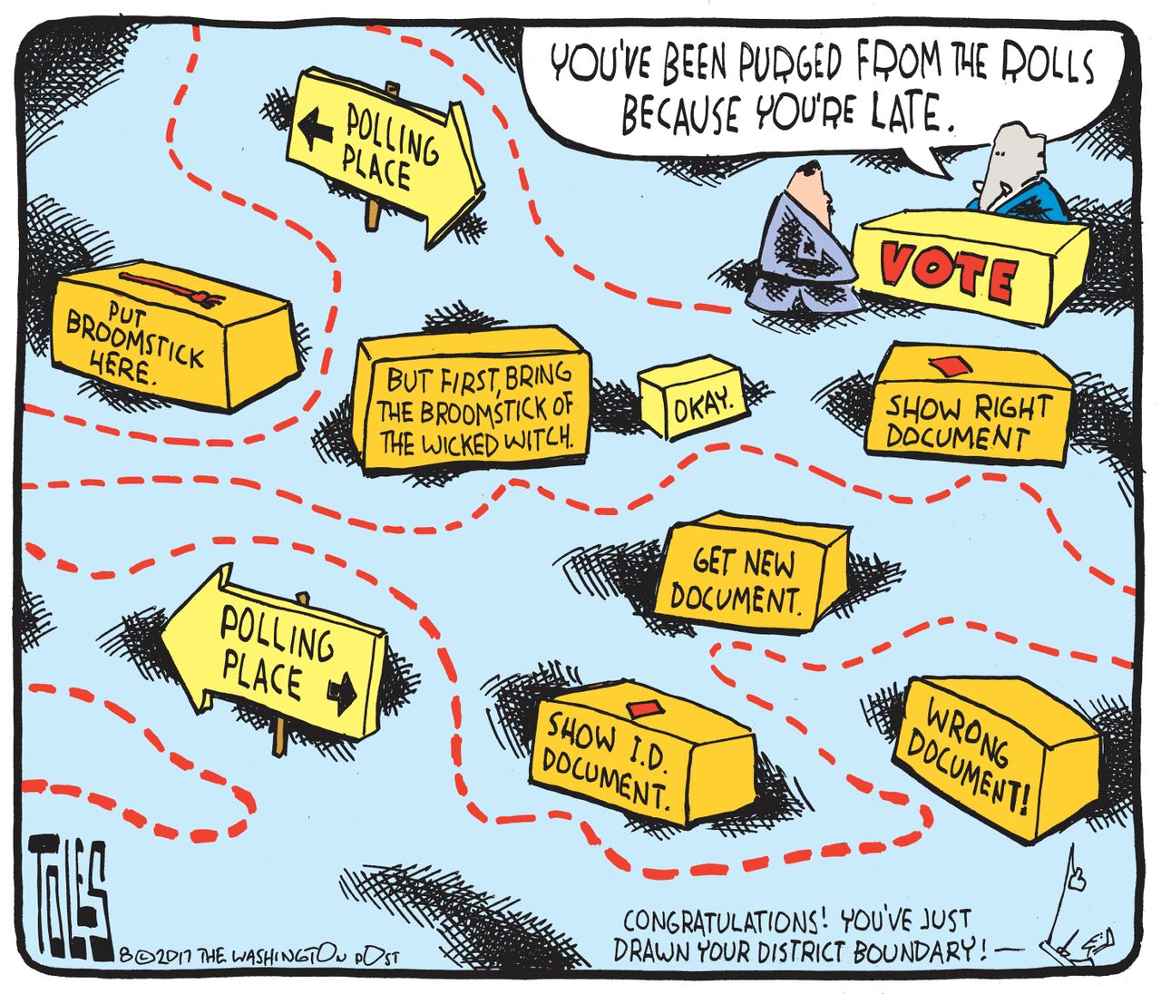 Political cartoon U.S. Election voter suppression Republican gerrymandering