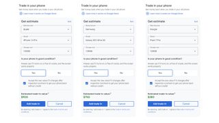 Three screenshots from the Google Pixel Fold pre-order page, showing the trade-in values for an iPhone 14 Pro, Galaxy S22 Ultra and Galaxy Z Fold 4