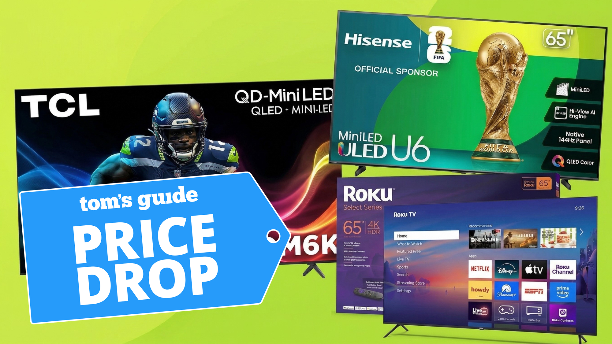 Collage of TVs from TCL, Hisense, and Roku