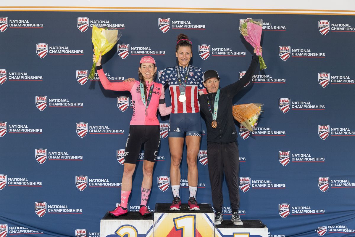 Pro Women's podium at the time trial championships at the 2023 USA Cycling Pro Road Championships
