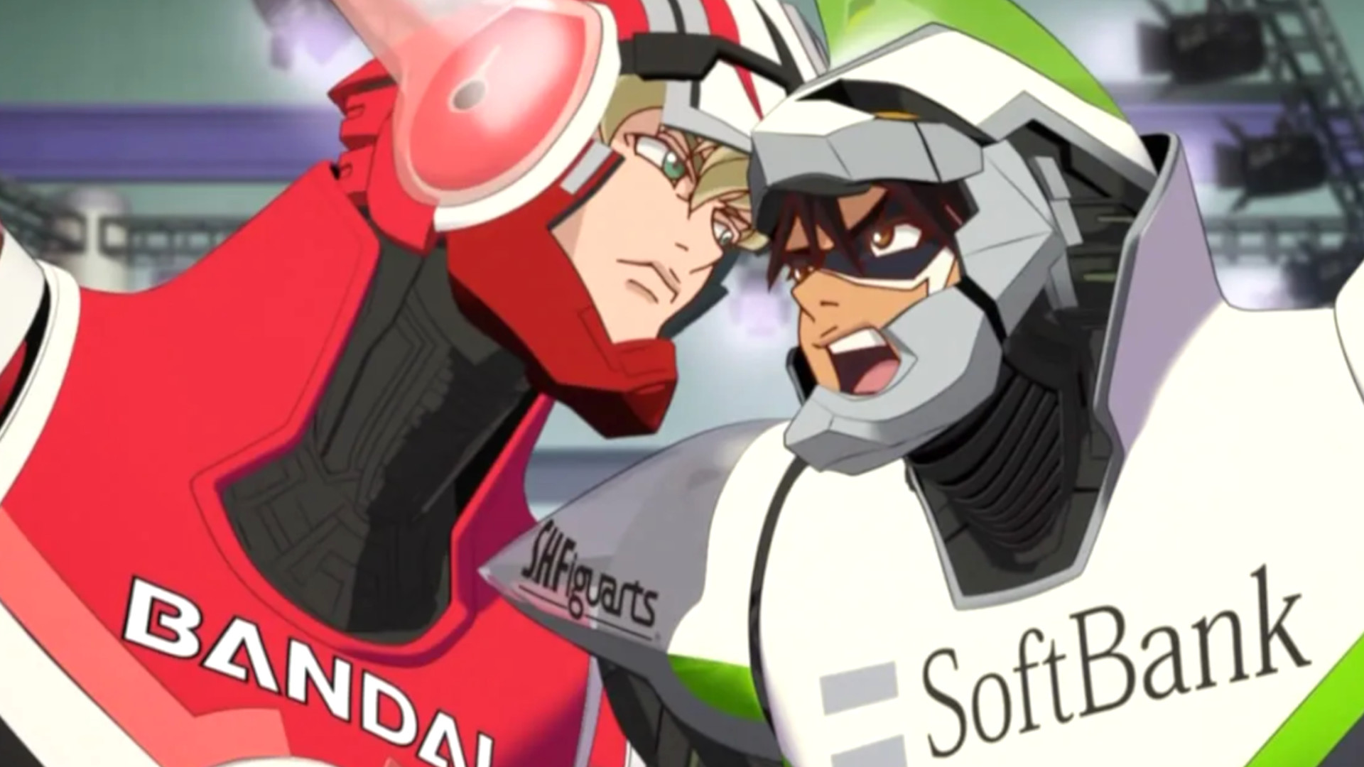 Two characters looking at each other during the action anime Tiger & Bunny.