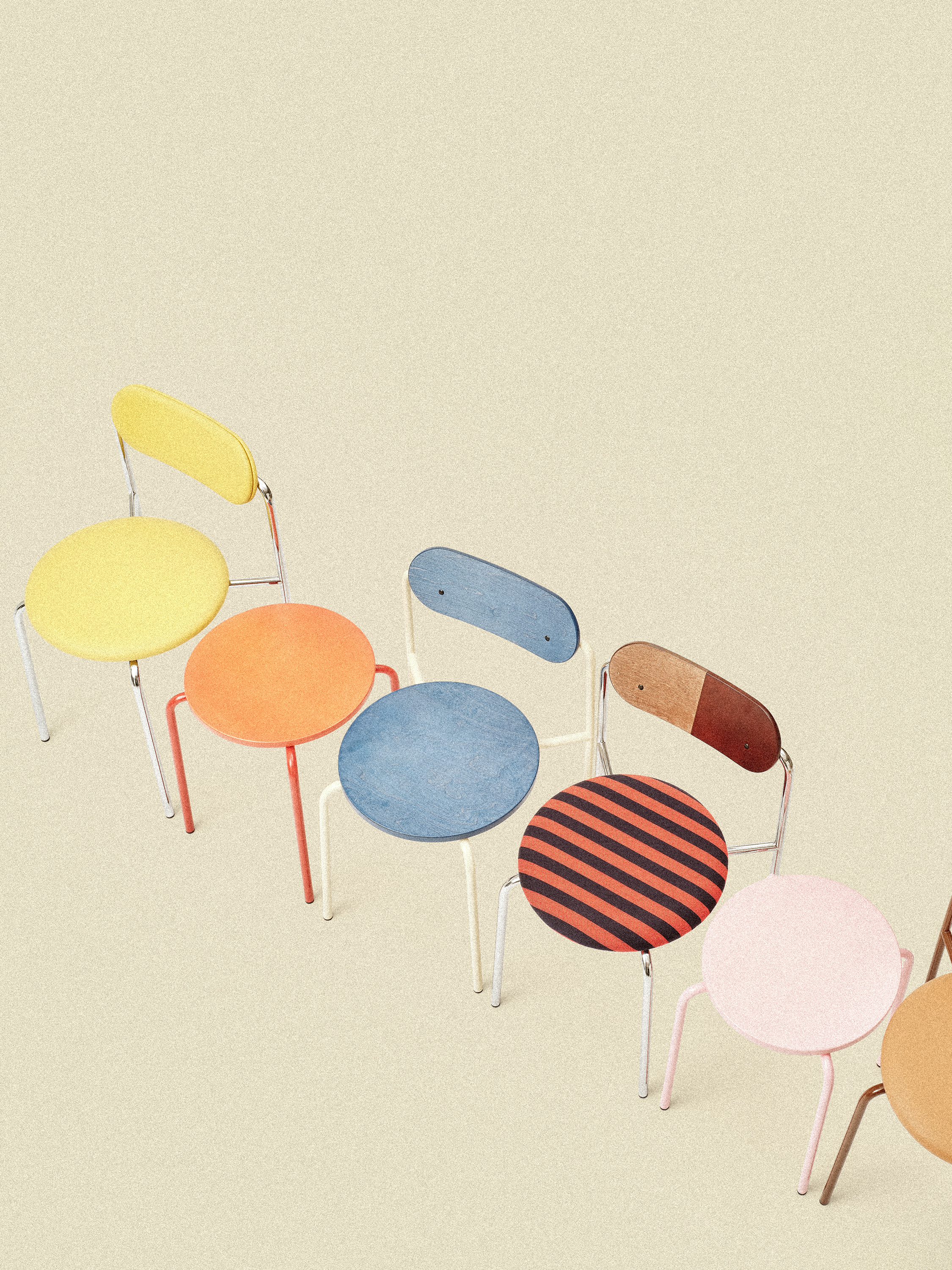Colourful chairs by Yrjo Kukkapuro with round seat