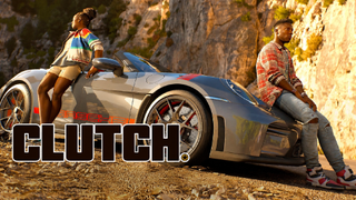 Clutch promotional artwork showing two characters posing with a silver Porsche convertible on a rocky mountain road at sunset, with the game's logo displayed prominently in the foreground.