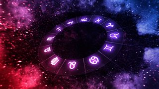 Image of zodiac signs with purple and pink galaxy background.