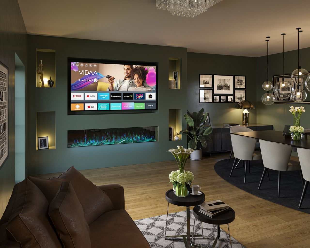 Living room with TV above a fireplace and dining table