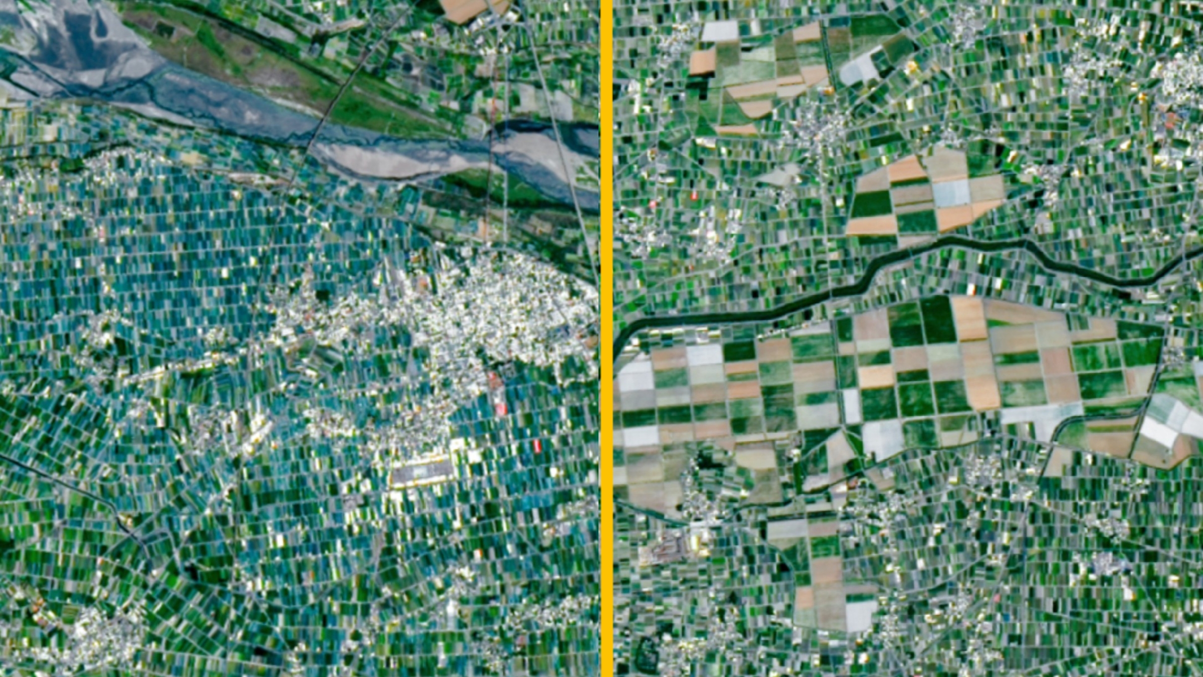 Side-by-side close ups of the satellite photo showing specific areas of interest