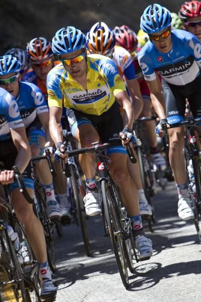 Race leader David Zabriskie climbs to Big Bear Lake surrounded by his team