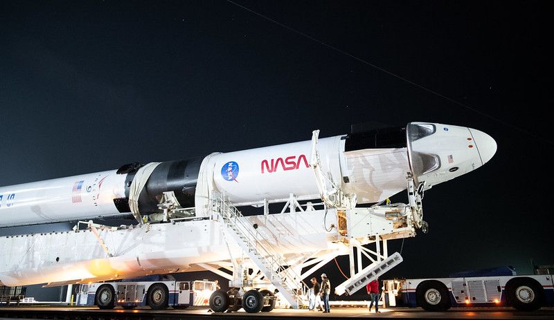  A SpaceX Falcon 9 rocket with the company&#039;s Crew Dragon spacecraft onboard is seen on the launch pad at Launch Complex 39A before being raised into a vertical position on Nov. 9, 2020, at NASA’s Kennedy Space Center in Florida. 