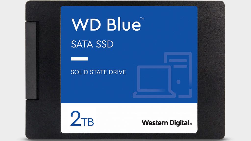 A WD Blue SATA SSD close up, top down view, on a grey background.