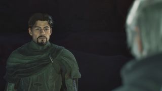 Dune: Awakening minimic film location - A customised masculine character on the left talking to Derek Chinara, who's facing away from the camera on the right side.