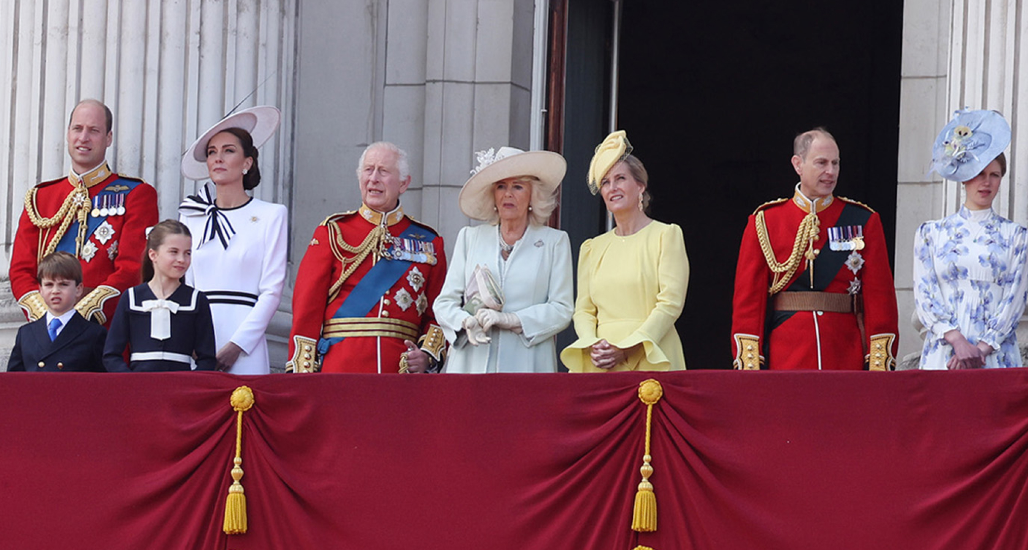 Lady Louise, King Charles, Queen Camilla and members of the Royal Family on the balcony at Trooping the Colour 