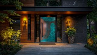 Photo of a bespoke door with blue design in front of a contemporary home