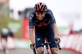 ESPINOSA DE LOS MONTEROS SPAIN AUGUST 16 Egan Arley Bernal Gomez of Colombia and Team INEOS Grenadiers crosses the finishing line in the 76th Tour of Spain 2021 Stage 3 a 2028km stage from Santo Domingo de Silos to Espinosa de los Monteros Picn Blanco 1485m lavuelta LaVuelta21 CapitalMundialdelCiclismo on August 16 2021 in Espinosa de los Monteros Spain Photo by Stuart FranklinGetty Images