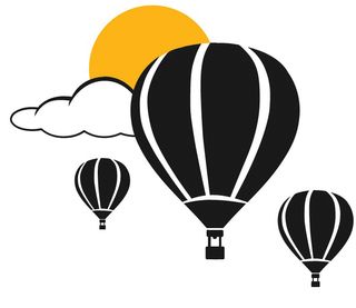 A stylized rendition of three hot air balloons, principally in black and white, hanging together in a calm, sunny sky