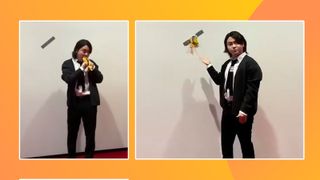 A shot of a person stood in front of a wall where the banana was taped up. One photo shows him eating the banana, the other shows the banana peel taped back up.