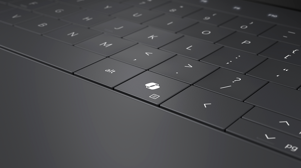 Closeup of the Dell XPS 13 (2024) keyboard in Graphite colorway, showing the new Windows Copilot key.