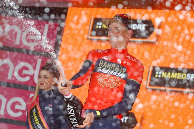 Matej Mohoric (Bahrain-Merida) celebrates having won stage 10 of the Giro to Gualdo Tadino
